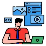 Ilustración de diseñador trabajando en laptop con gráficos y videos, representando diseño digital para litografías Bucaramanga.