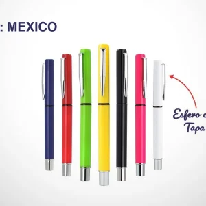 Grupo de ocho lapiceros de diferentes colores con tapa: azul oscuro, rojo, verde claro, amarillo, negro, fucsia y blanco.