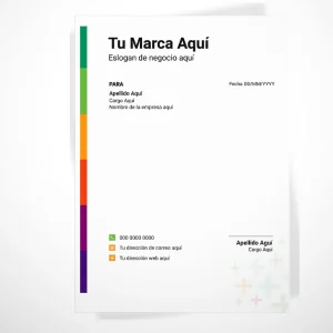 Plantilla de hoja membrete con diseño colorido a la izquierda, espacio para logo y eslogan, destinatario, fecha e información de contacto en la parte inferior.