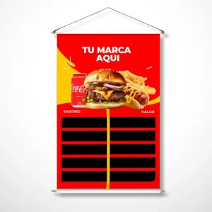 Pendón publicitario vertical de comida rápida con espacio para precios y el texto "Tu Marca Aquí".