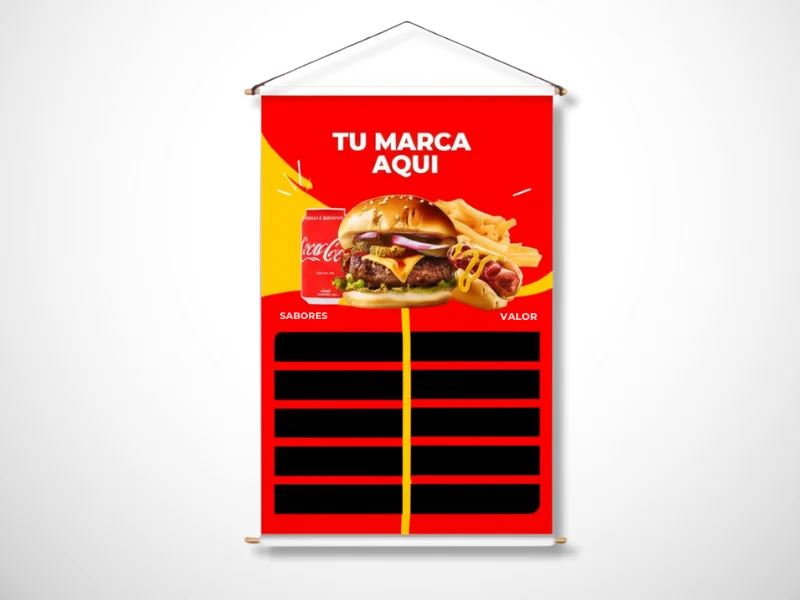 Pendón publicitario vertical de comida rápida con espacio para precios y el texto "Tu Marca Aquí".