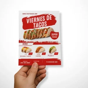 Mano sosteniendo un volante publicitario para un restaurante de comida rápida, con una promoción de "Viernes de Tacos" en diseño rojo y blanco.