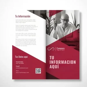 Folleto profesional de dos cuerpos con un diseño en tonos rojos y grises, ideal para presentar información corporativa.