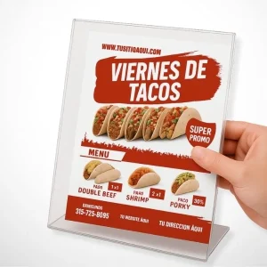 Mano sosteniendo un hablador publicitario de acrílico con una promoción de "Viernes de Tacos" para un restaurante.
