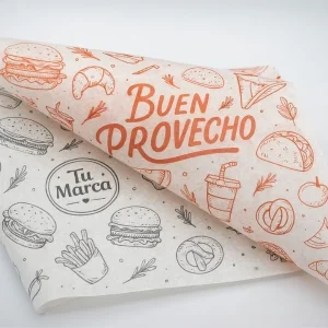 Hojas de papel antigrasa personalizadas con dibujos de comida rápida y el texto "Buen Provecho" y "Tu Marca".