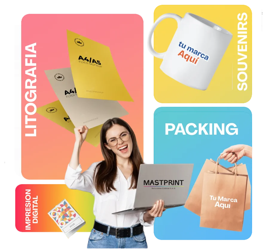 Servicios de Litografía e Impresión Digital en Bucaramanga Collage mostrando servicios de litografía, impresión digital, souvenirs y packing ofrecidos por una empresa en Bucaramanga, con una mujer sosteniendo un portátil.