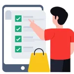 Ilustración de una persona seleccionando elementos en una lista digital con un carrito de compras amarillo, sobre el texto "1. ELIJE UN PRODUCTO. Escoge el producto que deseas personalizar con tu marca.".